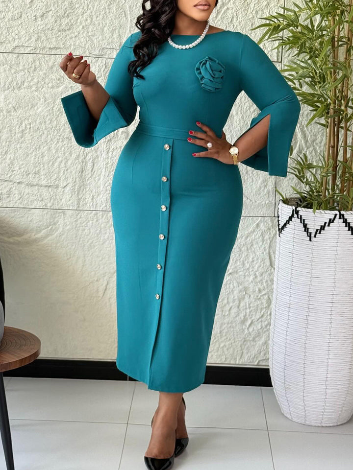 Solid-Color Crew Neck Elegant Dresses