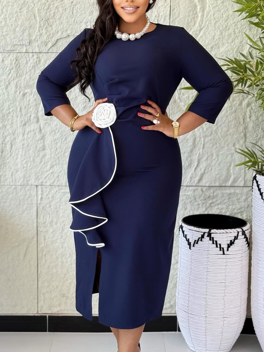 Round-Neck Floral Ruffled Dresses