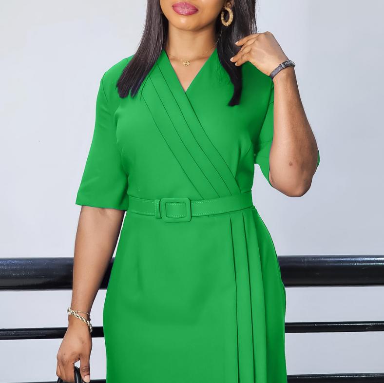 V-neck Fitted Solid-color Dresses