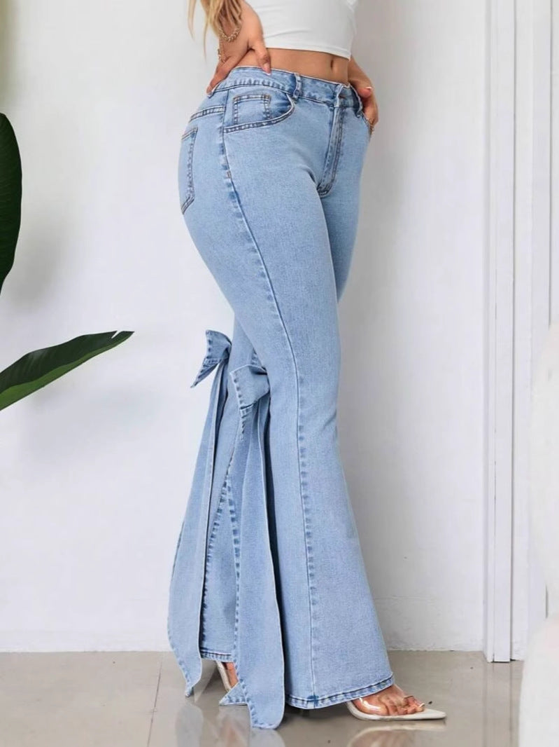 High-Waisted Stretch Bow Bell-Bottom Jeans