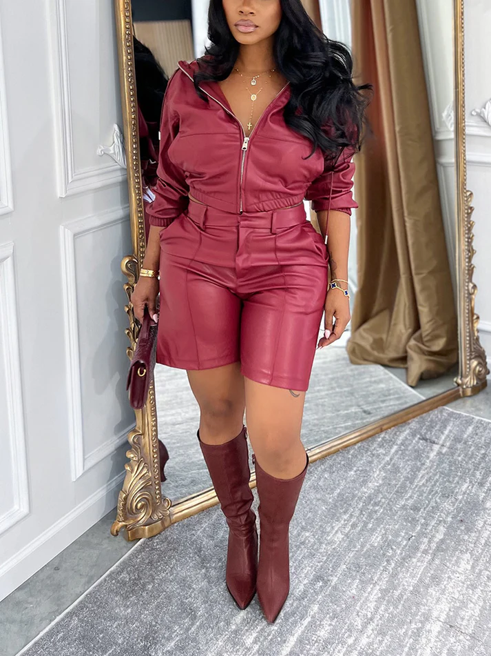 Leather Hooded Jacket & Shorts Sets
