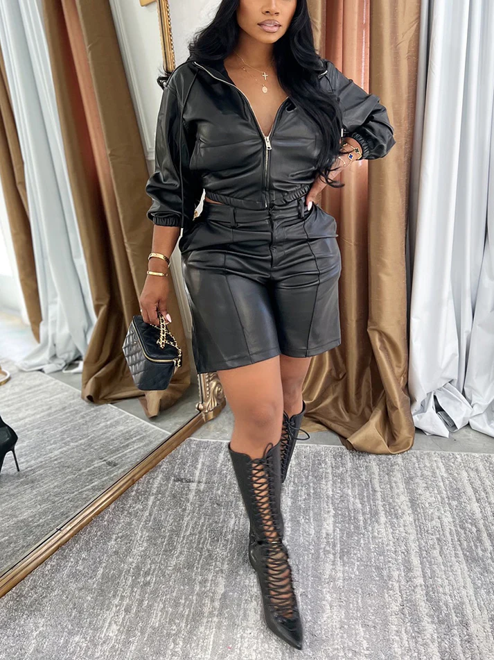 Leather Hooded Jacket & Shorts Sets