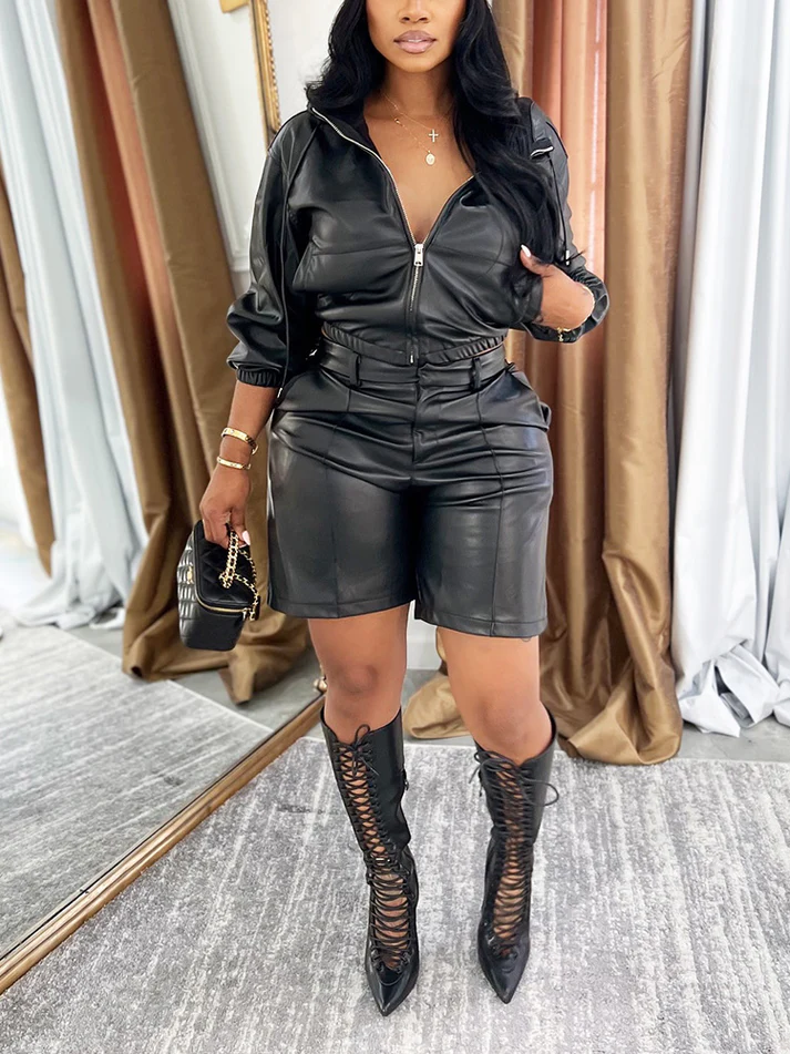 Leather Hooded Jacket & Shorts Sets