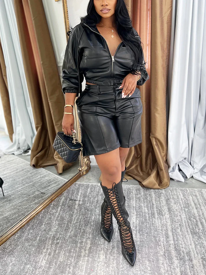 Leather Hooded Jacket & Shorts Sets