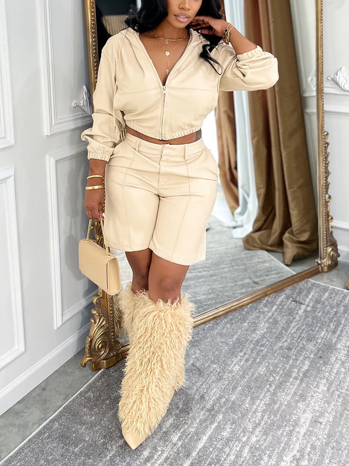 Leather Hooded Jacket & Shorts Sets