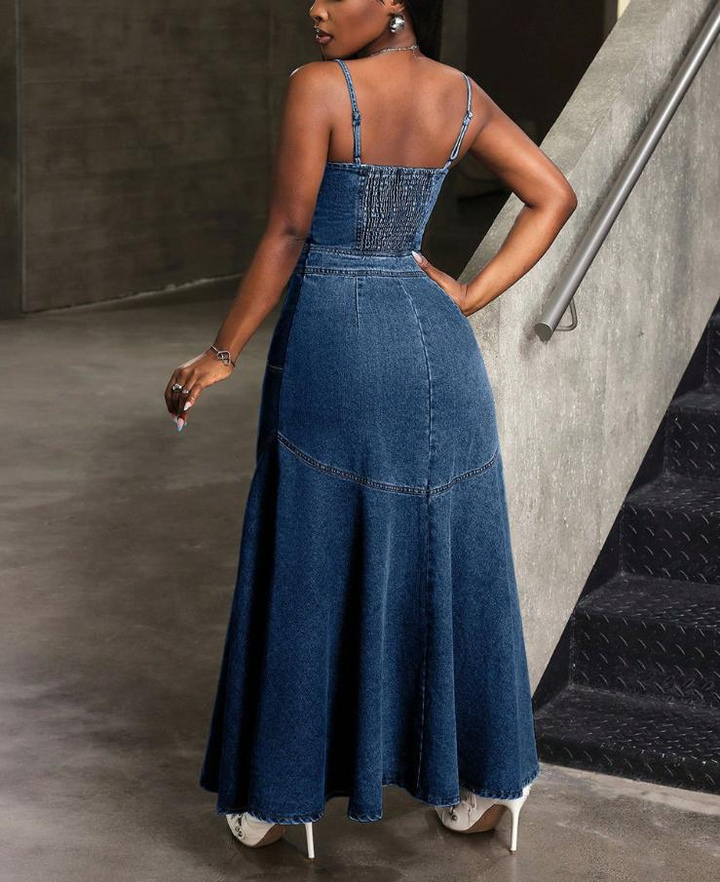 Single-button Halter-neck Denim Dresses