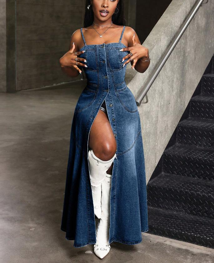 Single-button Halter-neck Denim Dresses