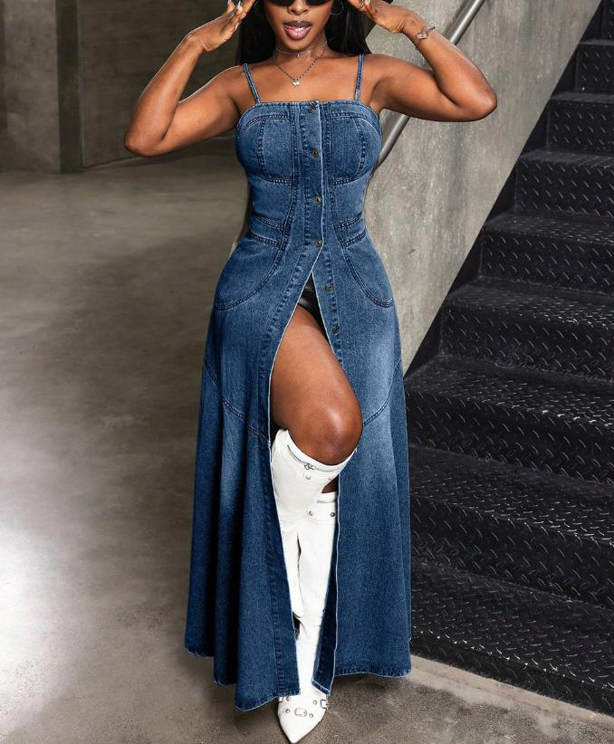 Single-button Halter-neck Denim Dresses