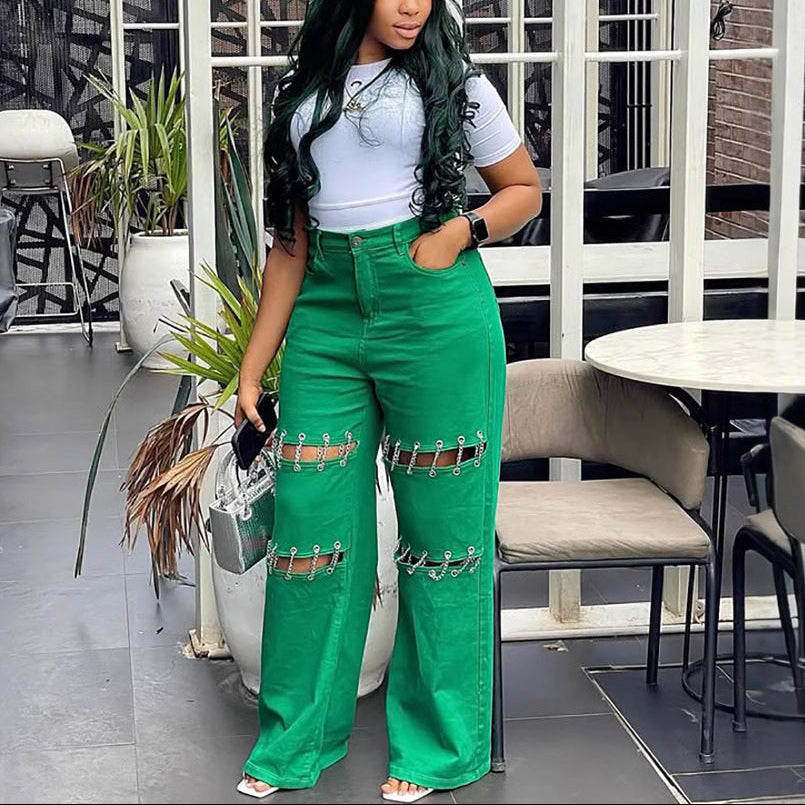 Patchwork Stud Chain Denim Jeans