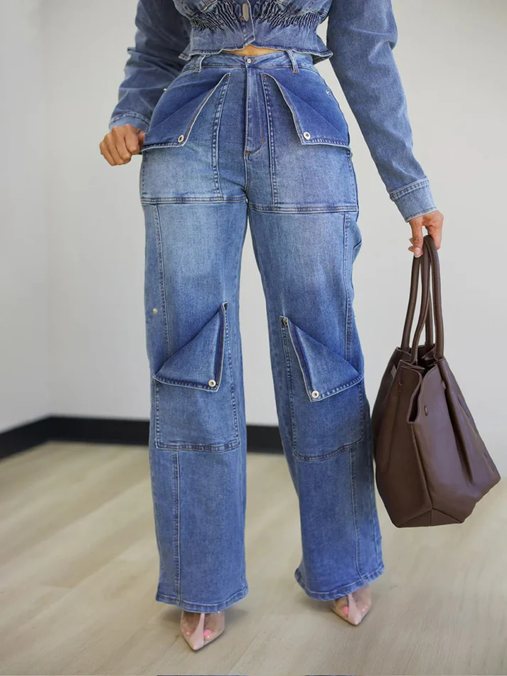 Denim Crop Jacket & Snap Cargo Jeans Sets