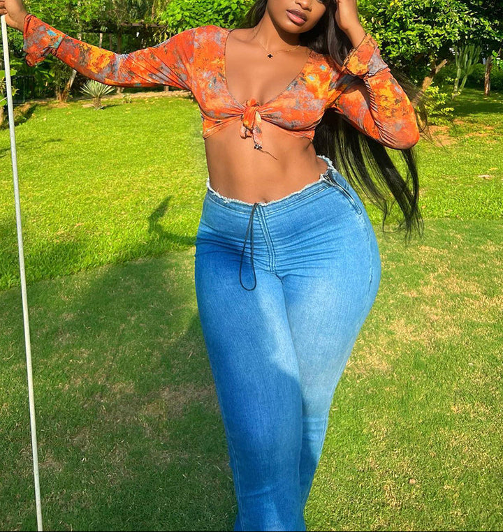 Pleated High-Waisted Stretch Jeans