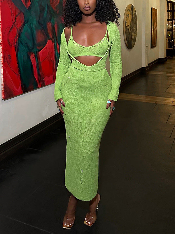 Knit Bralette & Dress Set Green / S