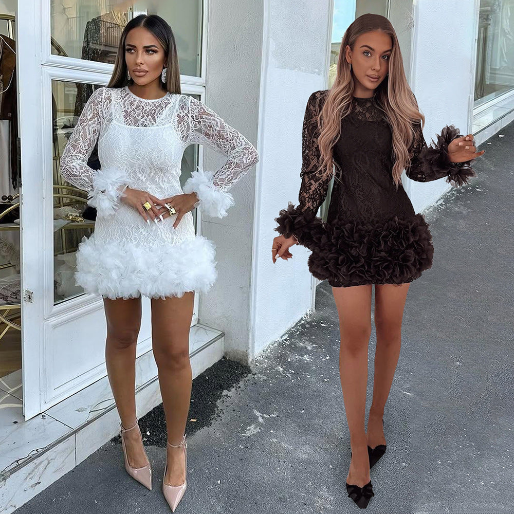 Lace Round Neck Dress with Short Skirt