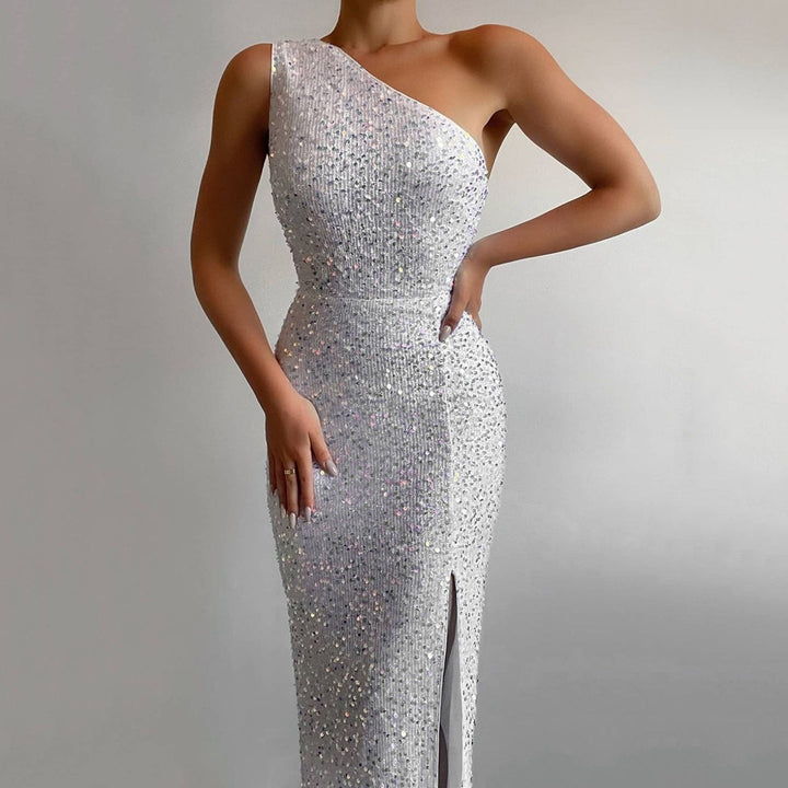 Slit-Hem Long Dress with One-Shoulder Sequined Design