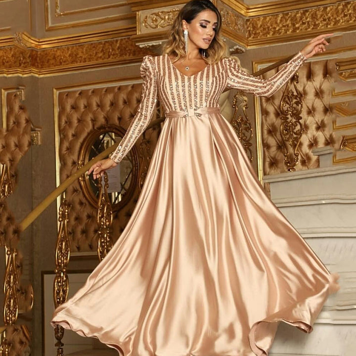 Deep V-neck Sexy Long Dress with Train for Banquet Evening Gown