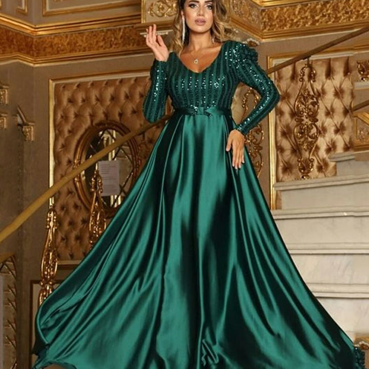 Deep V-neck Sexy Long Dress with Train for Banquet Evening Gown