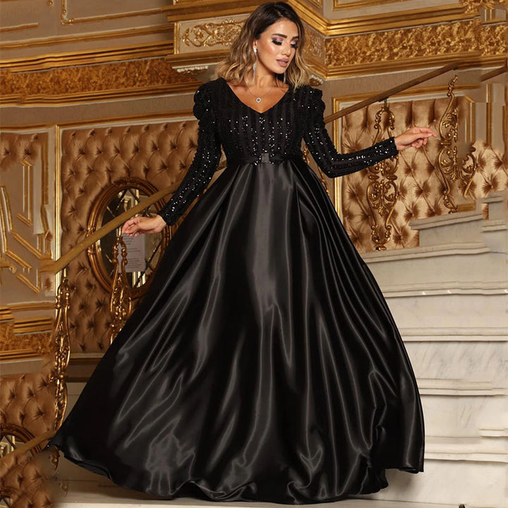 Deep V-neck Sexy Long Dress with Train for Banquet Evening Gown