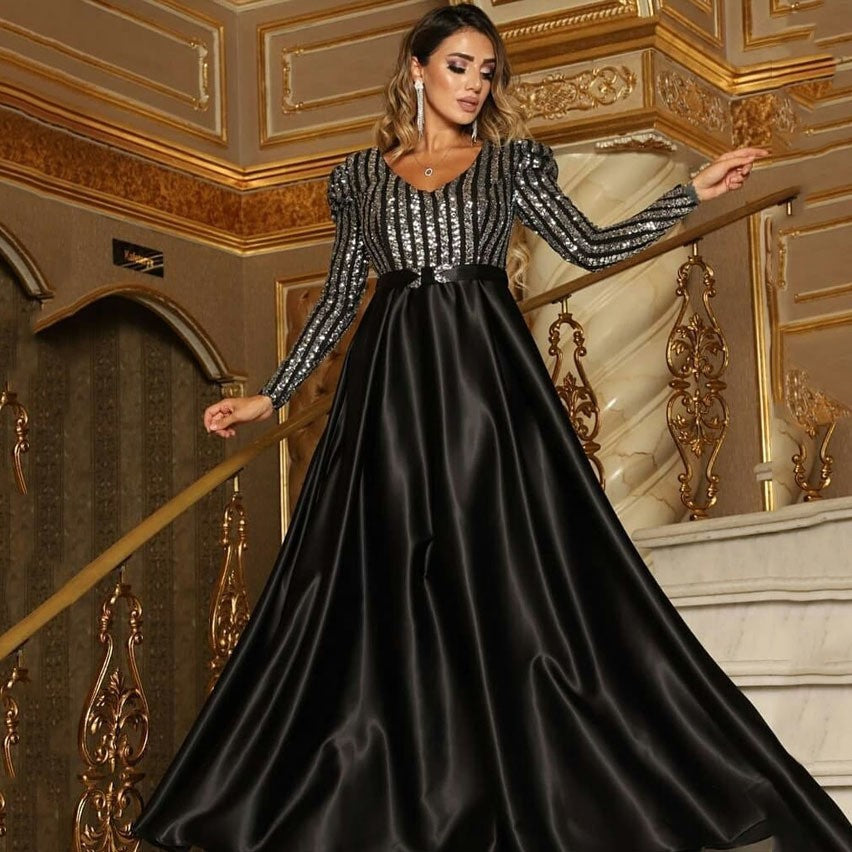 Deep V-neck Sexy Long Dress with Train for Banquet Evening Gown