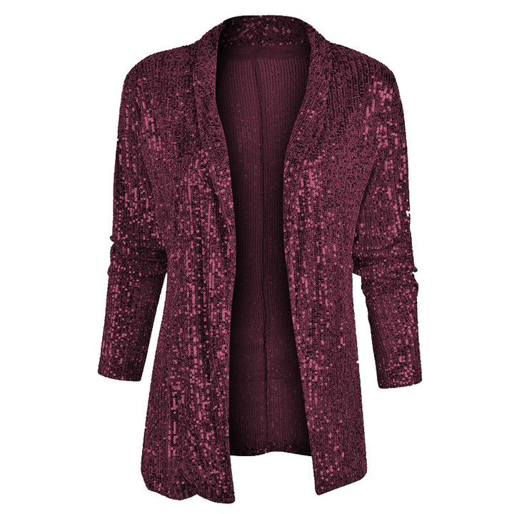 Sequin-Embellished Long-Sleeved Solid-Color Jacket