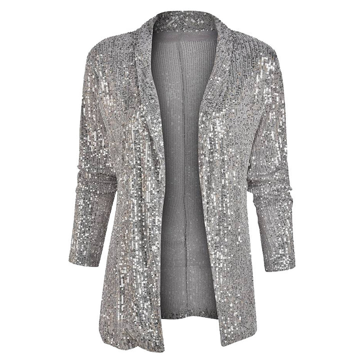 Sequin-Embellished Long-Sleeved Solid-Color Jacket