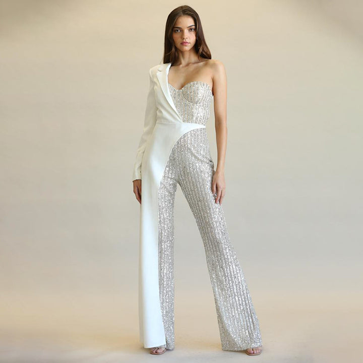 Sequin Patchwork One-Shoulder Sequin Jumpsuit