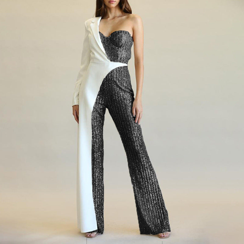 Sequin Patchwork One-Shoulder Sequin Jumpsuit