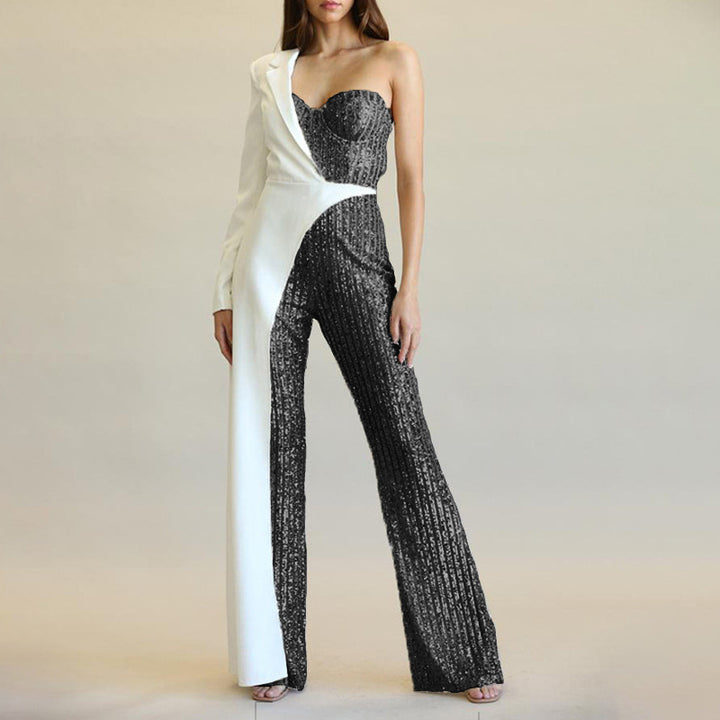 Sequin Patchwork One-Shoulder Sequin Jumpsuit