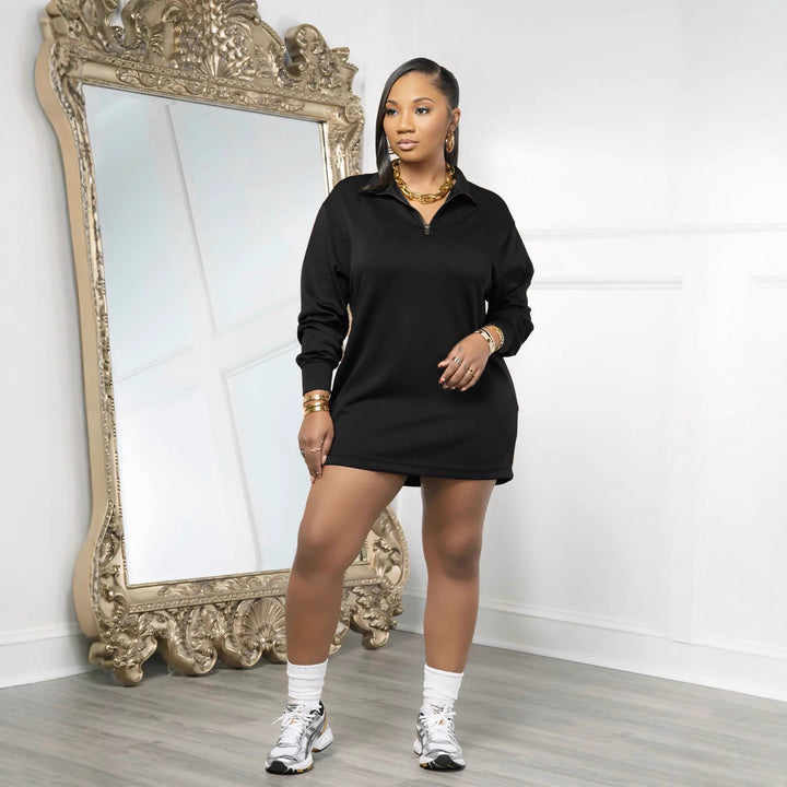 Long-Sleeve Casual Solid-Color Dress in Premium Fabric