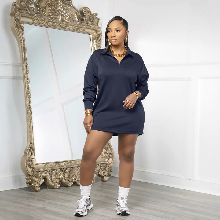 Long-Sleeve Casual Solid-Color Dress in Premium Fabric