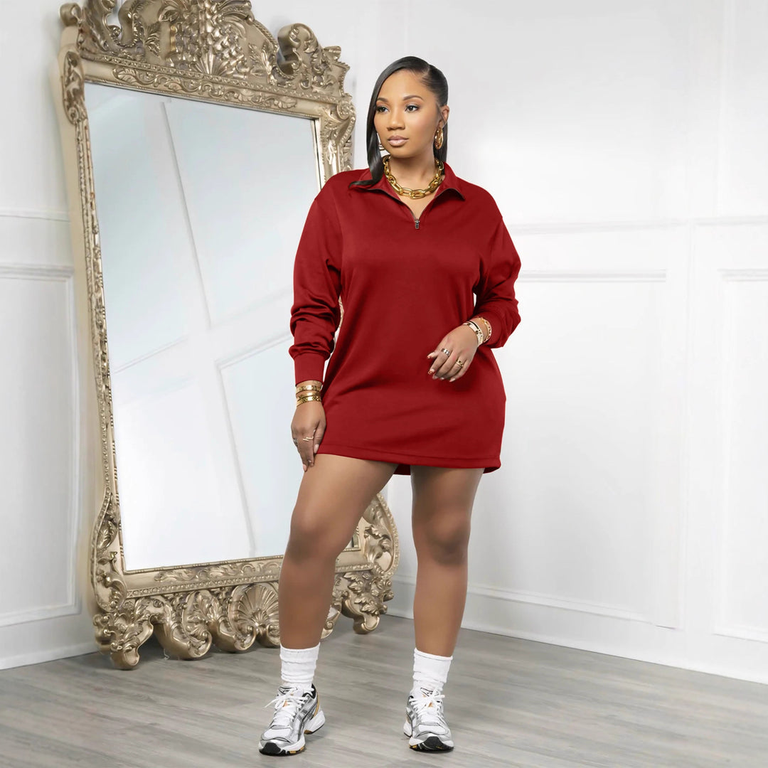 Long-Sleeve Casual Solid-Color Dress in Premium Fabric