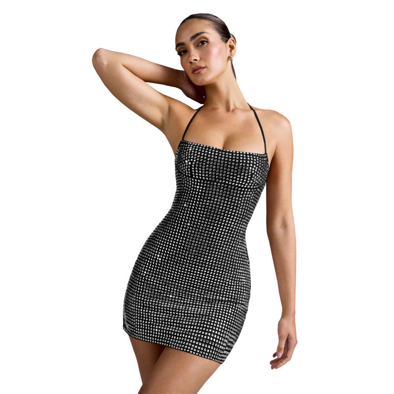 Choker-Style Rhinestone-Embellished Wrap-Around Dress