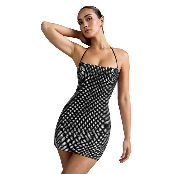 Choker-Style Rhinestone-Embellished Wrap-Around Dress