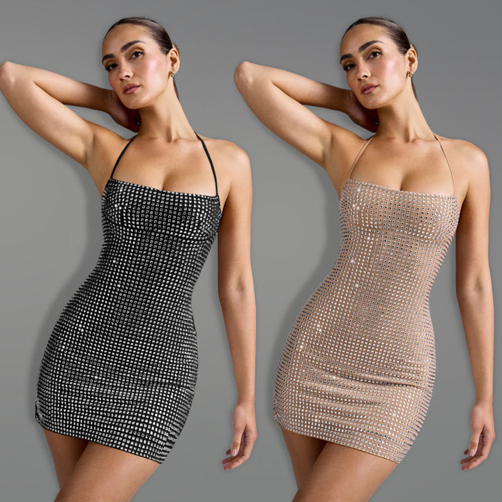 Choker-Style Rhinestone-Embellished Wrap-Around Dress