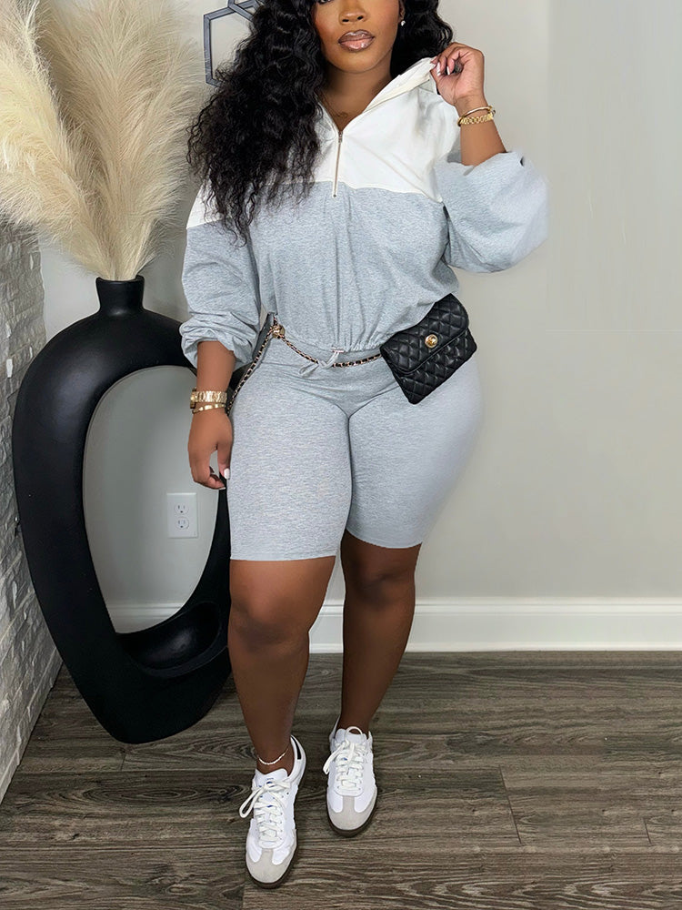 Half Zip Hoodie & Biker Shorts Set Light Gray / M