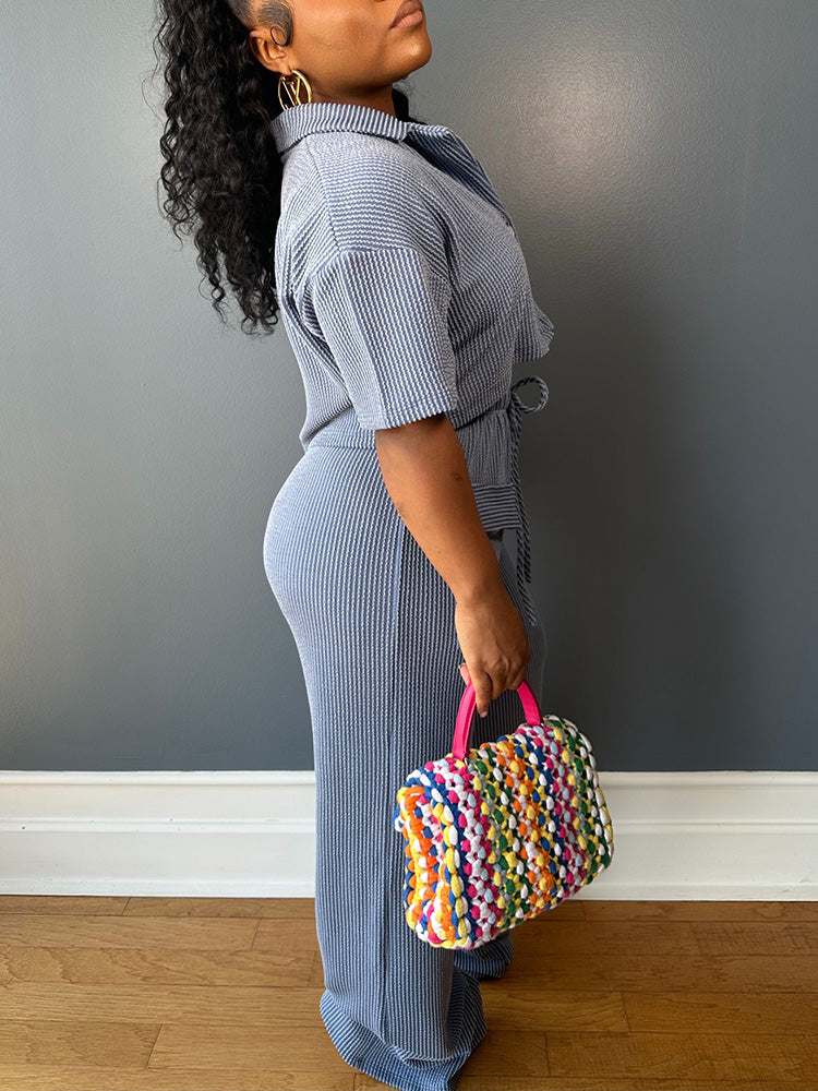 Ribbed Crop Top & Cargo Pants Set *Blue / 2XL