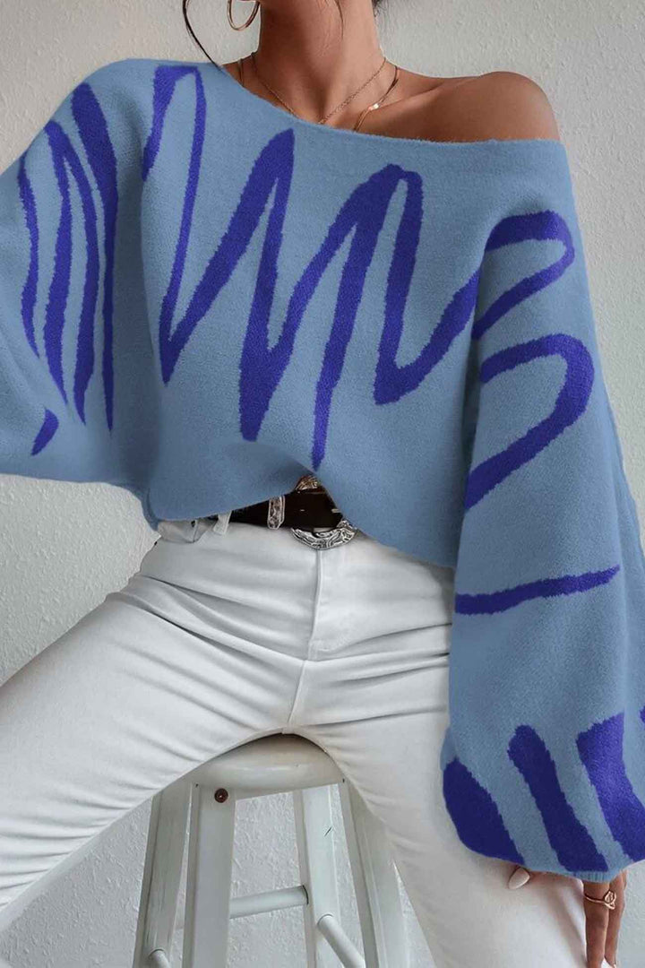 Geometric Lantern Sleeve Knitted Sweater Blue · S