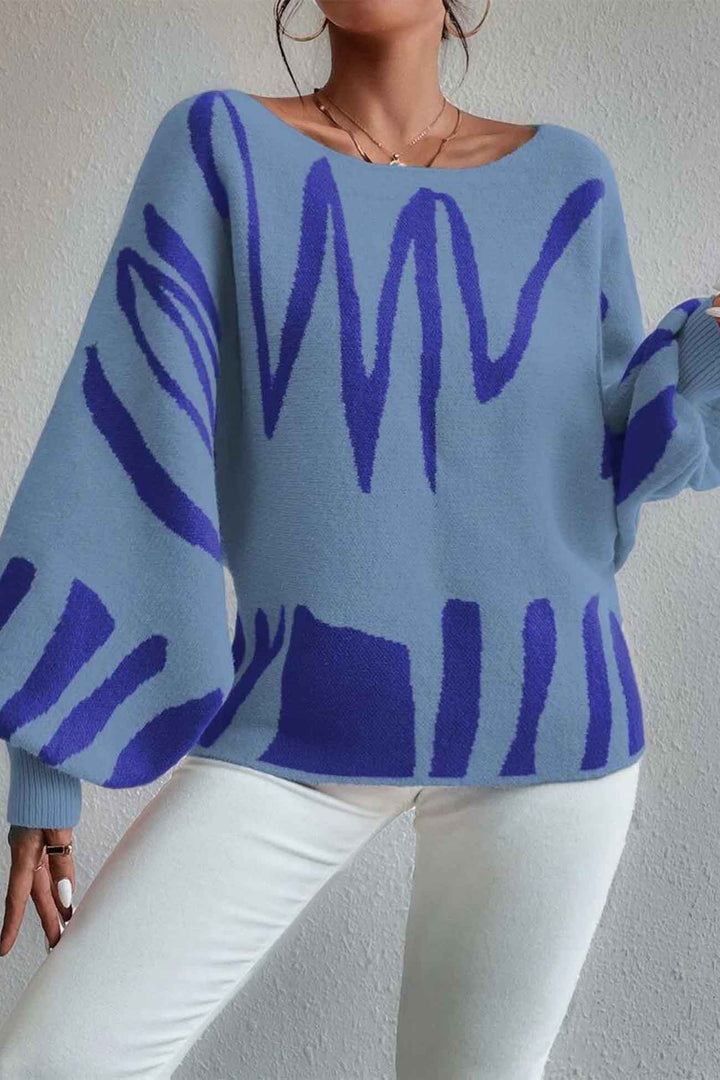Geometric Lantern Sleeve Knitted Sweater Blue · L