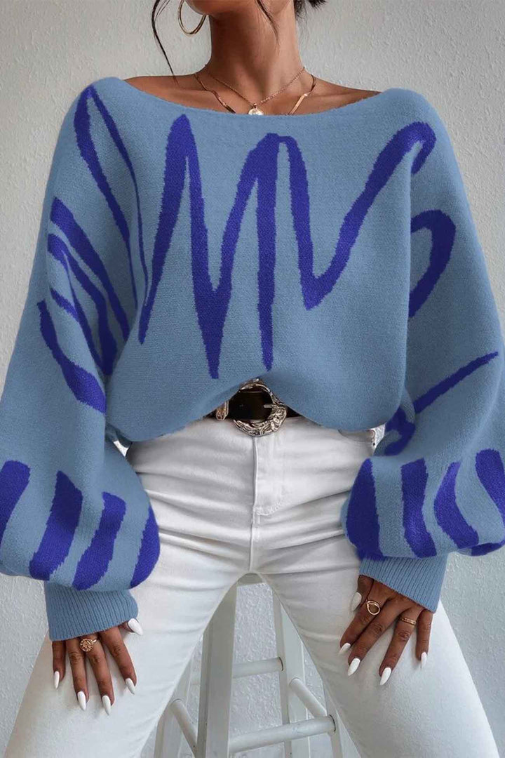 Geometric Lantern Sleeve Knitted Sweater Blue · M