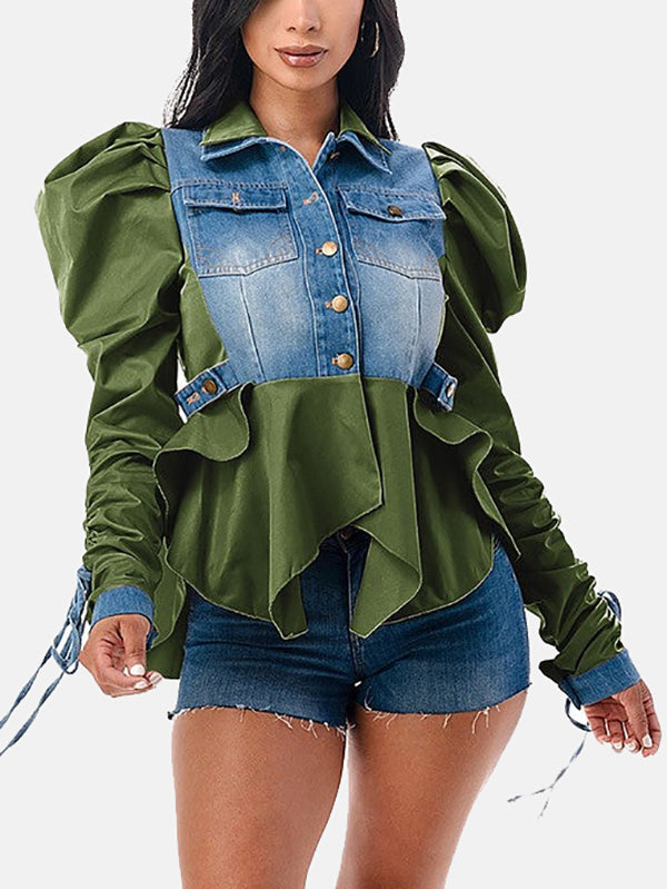 Denim Patchwork Asymmetrical Top Green / M