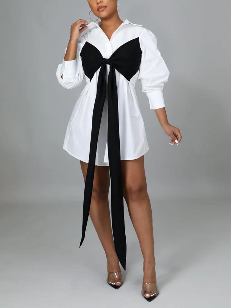Patchwork Lace Up Shirt Dress White / 2XL