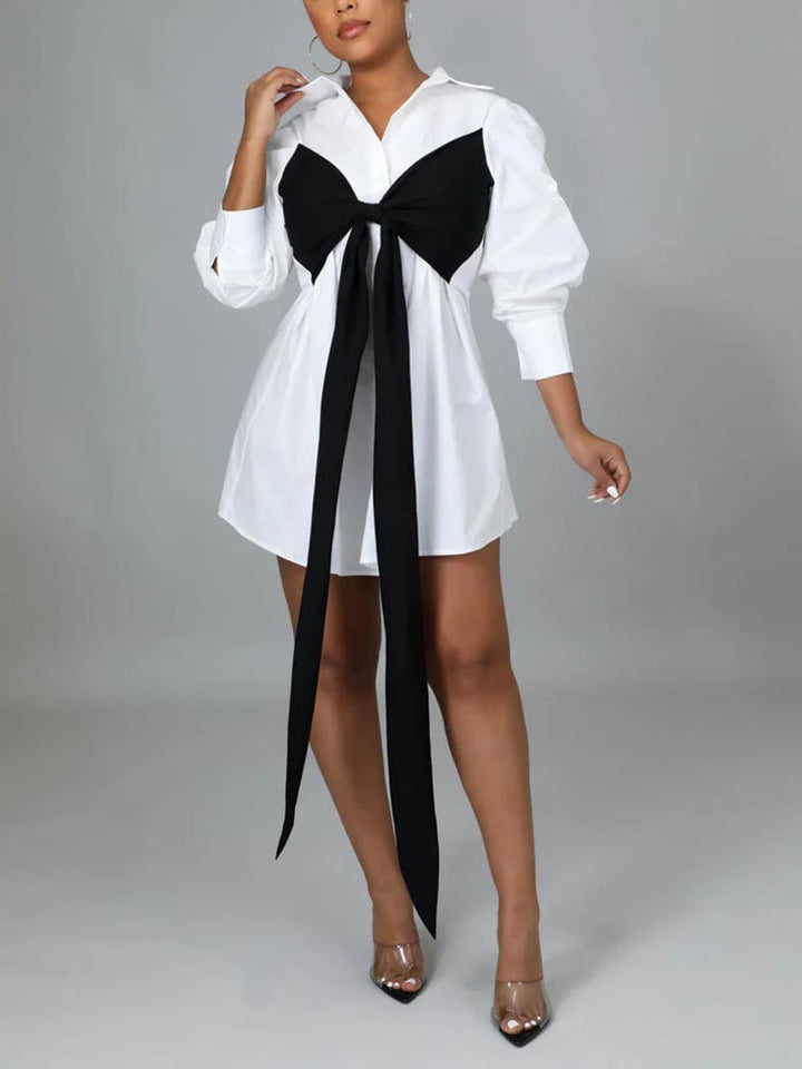 Patchwork Lace Up Shirt Dress White / 2XL