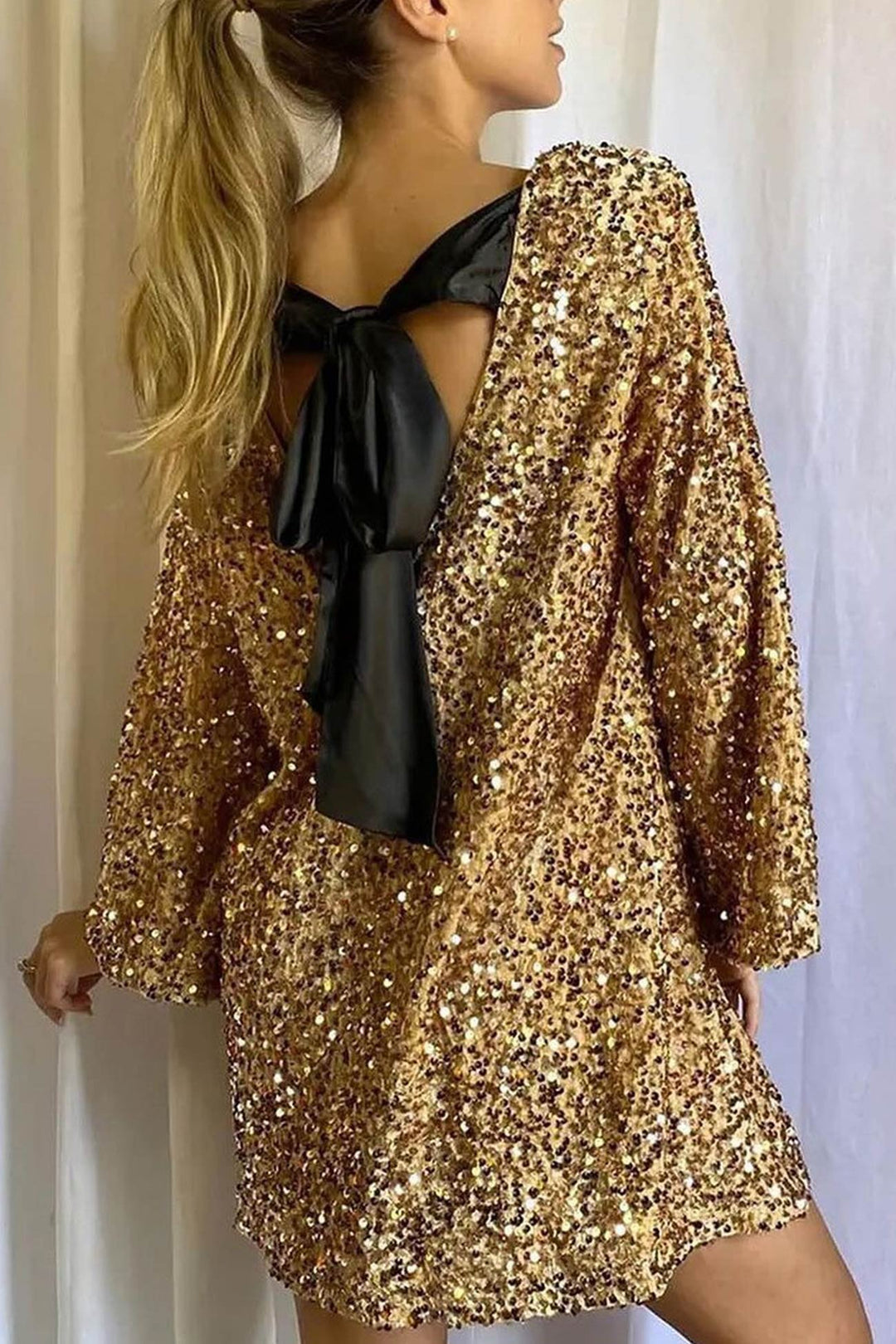 Back Bow Tie Sequin Mini Dress White · 3XL