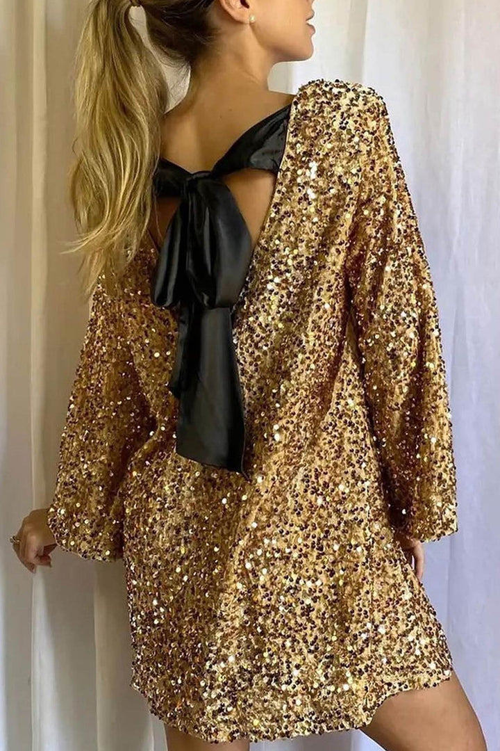 Back Bow Tie Sequin Mini Dress White · 3XL