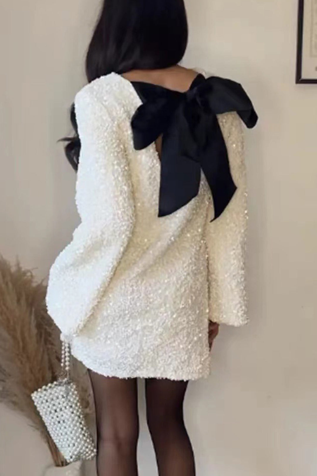 Back Bow Tie Sequin Mini Dress White · XS