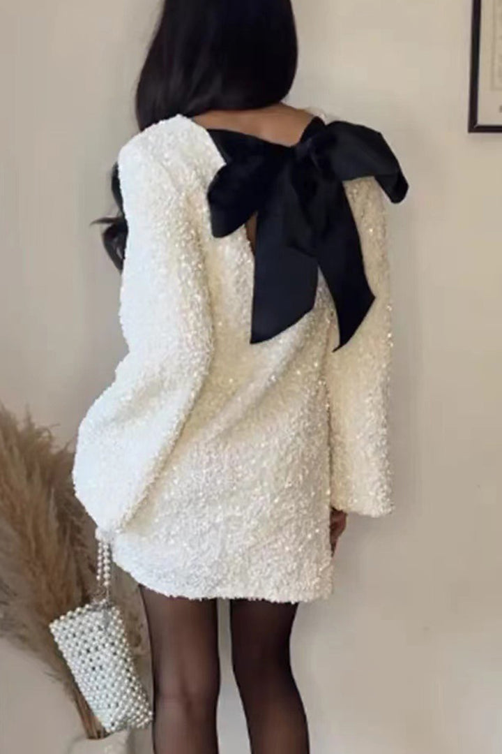 Back Bow Tie Sequin Mini Dress White · XS