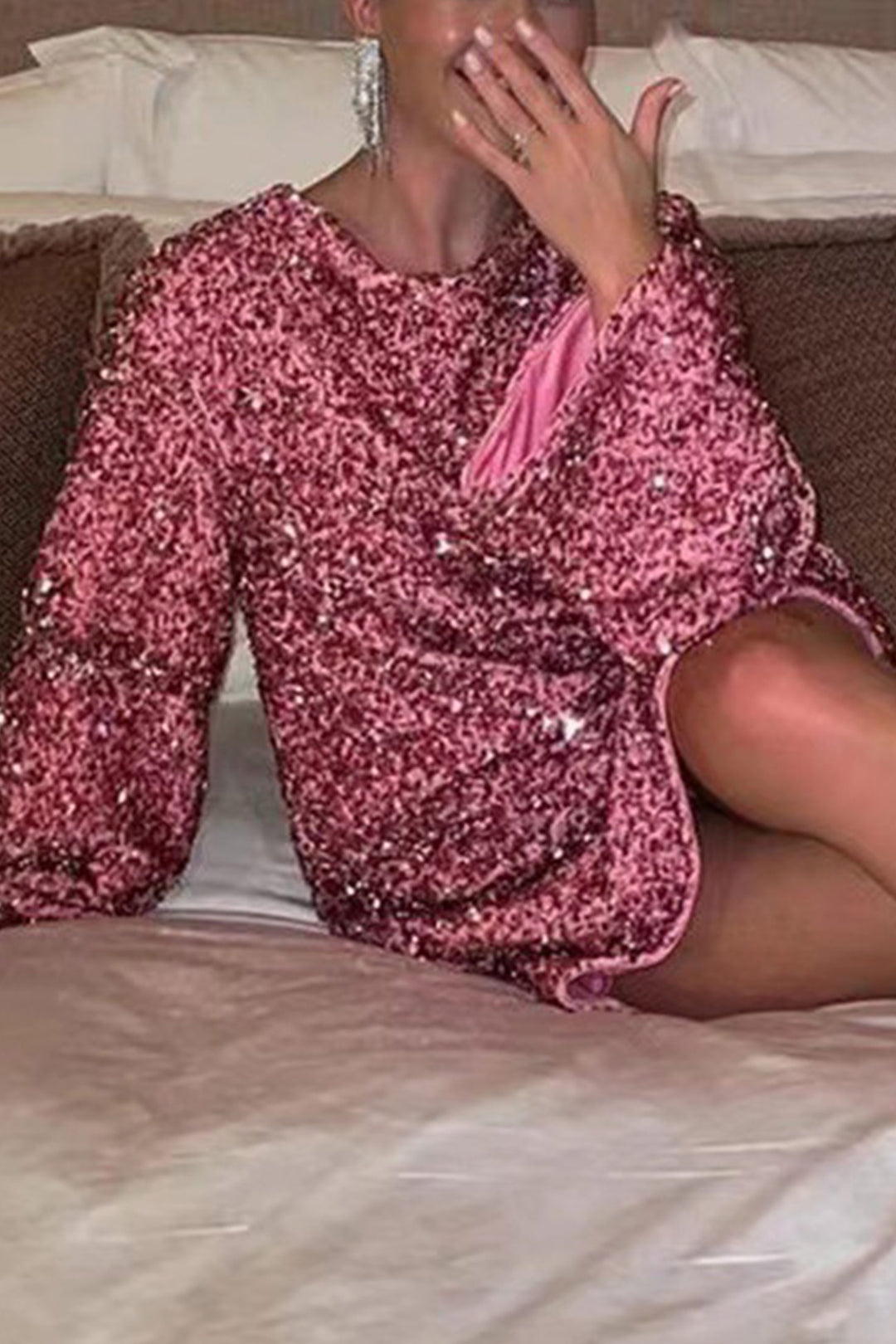 Back Bow Tie Sequin Mini Dress White · M