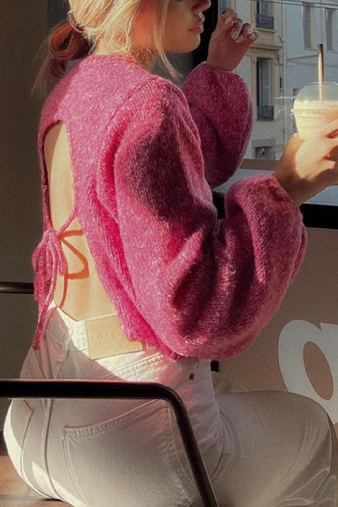 Backless Tie-up Pullover Sweater Pink · S