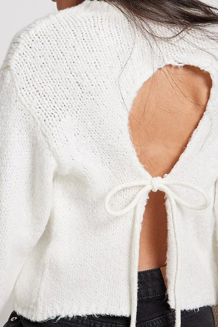Backless Tie-up Pullover Sweater White · M