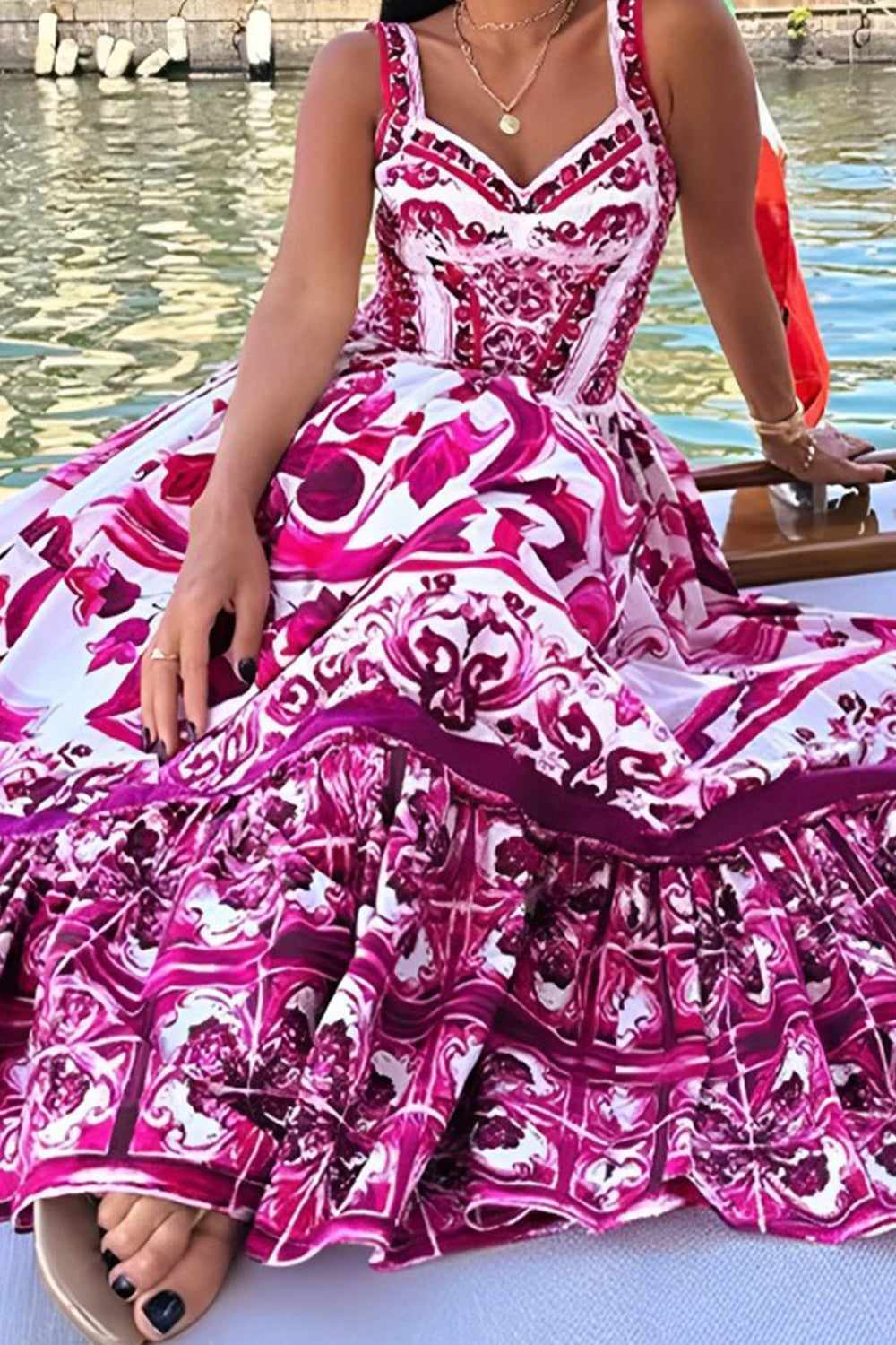 Bohemia V Neck Printed Cami Dress Rose · M