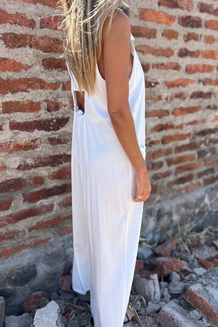 Button Closure Backless Loose Overalls White · 2XL